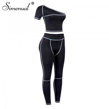 Simenual Sporty Fashion Active Wear Black Fitness Tracksuits One Shoulder 2 Piece Set Women Workout Crop Top And Leggings Sets
